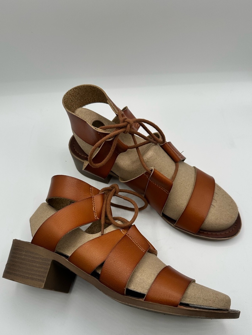 Women's CAMEL Leather Strappy Block Heel Sandals with Lace-Up Detail SZ 7 - Picture 2 of 5